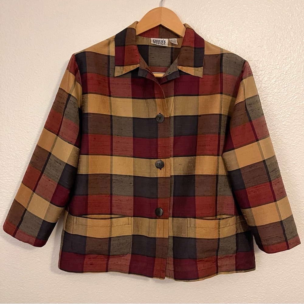 Vintage 1990’s Chico’s Design Silk Button-Front Check Plaid Jacket - Picture 3 of 13